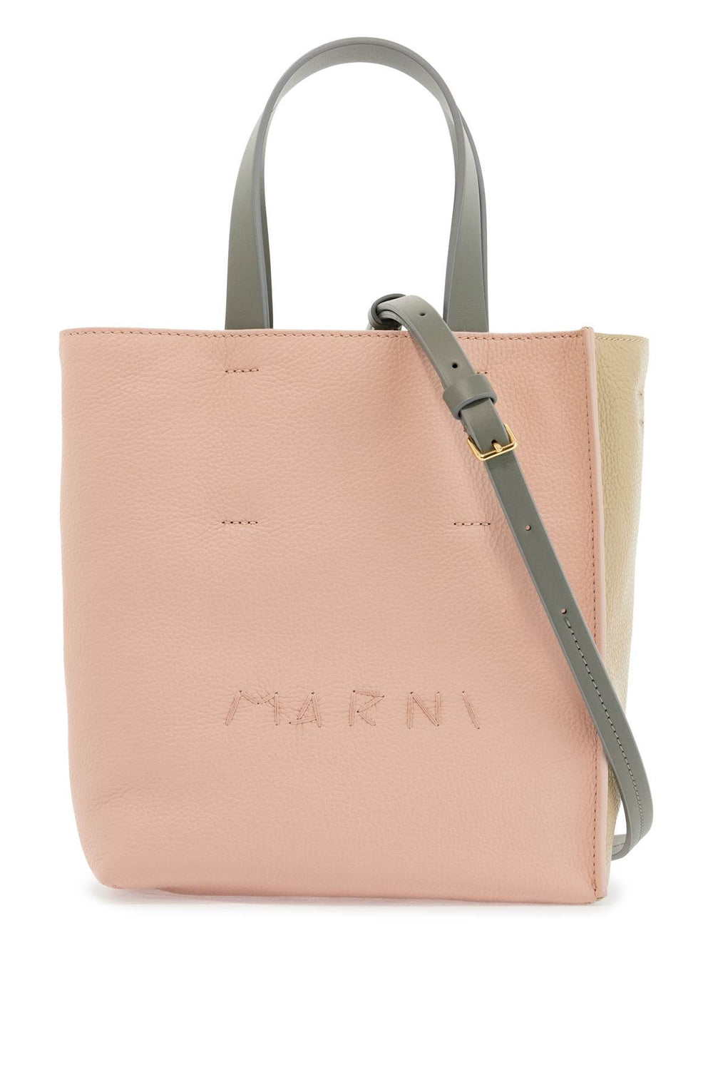 Marni Pink And Beige Calfskin Shopping Bag With Grey Handles