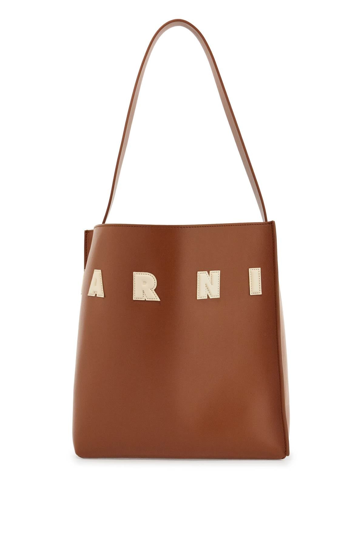 Marni Brown Structured Calfskin Shopping Bag With Ivory Details