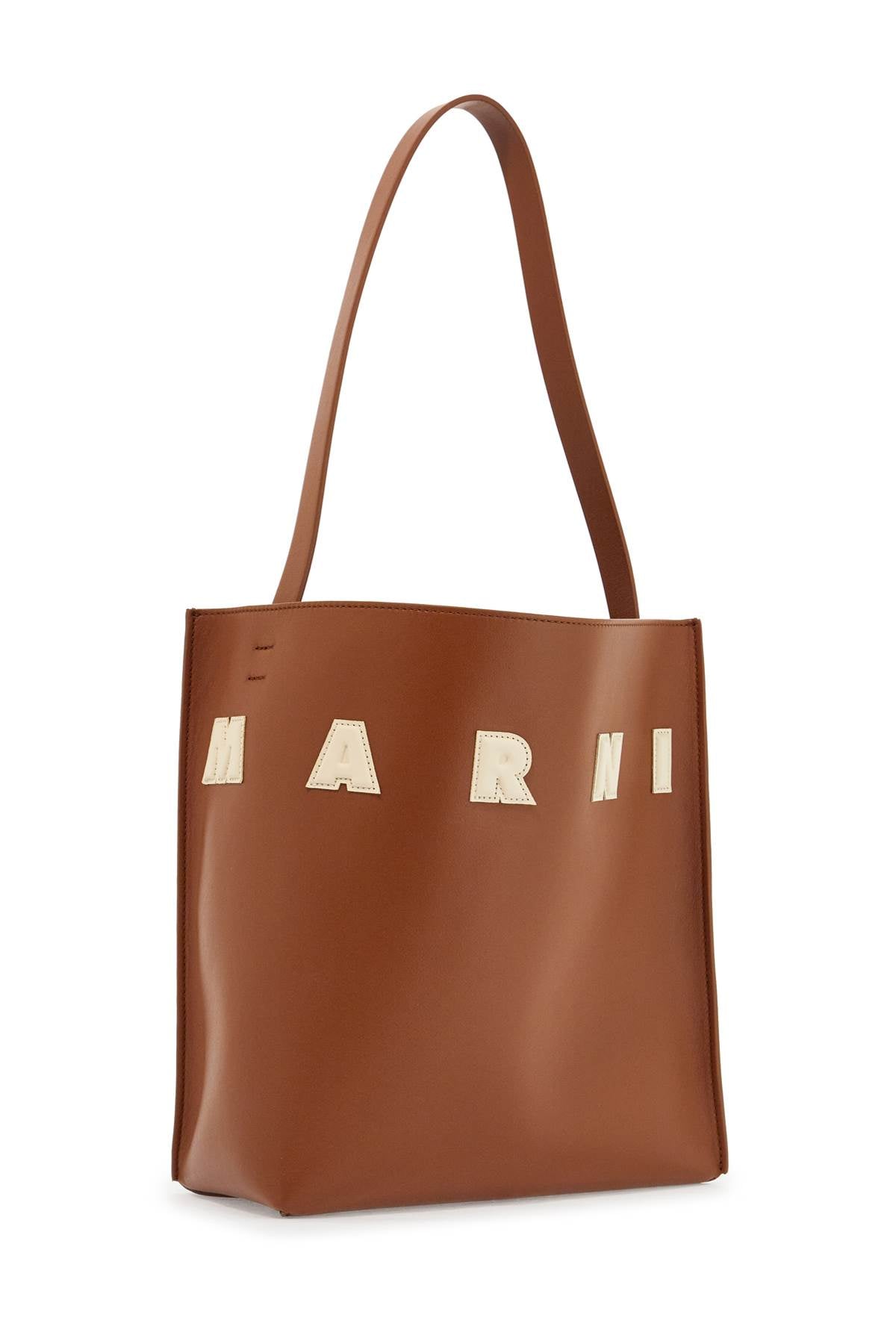 Marni Brown Structured Calfskin Shopping Bag With Ivory Details