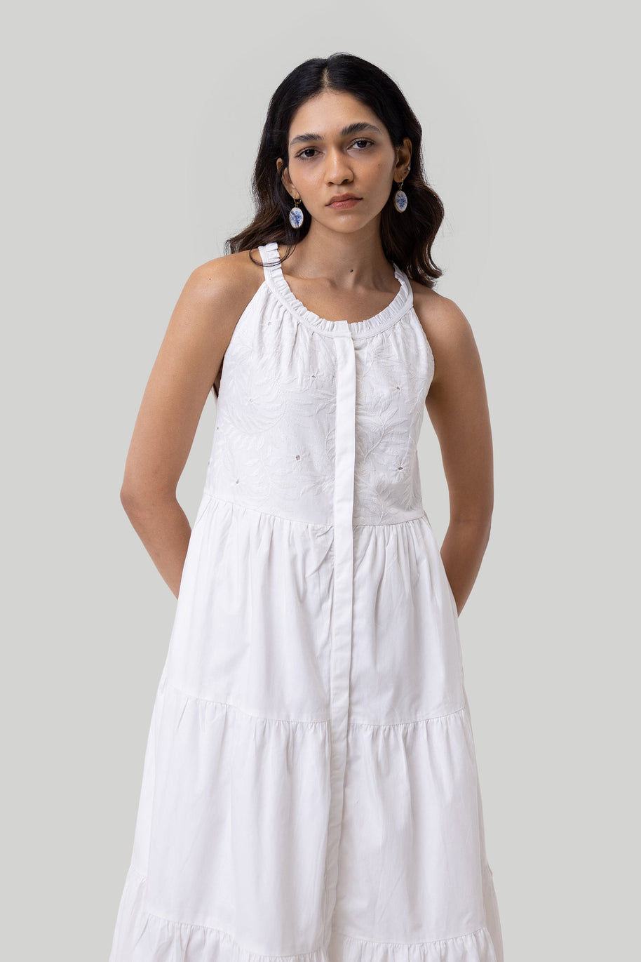 Reistor Sleeveless embroidered tiered maxi dress