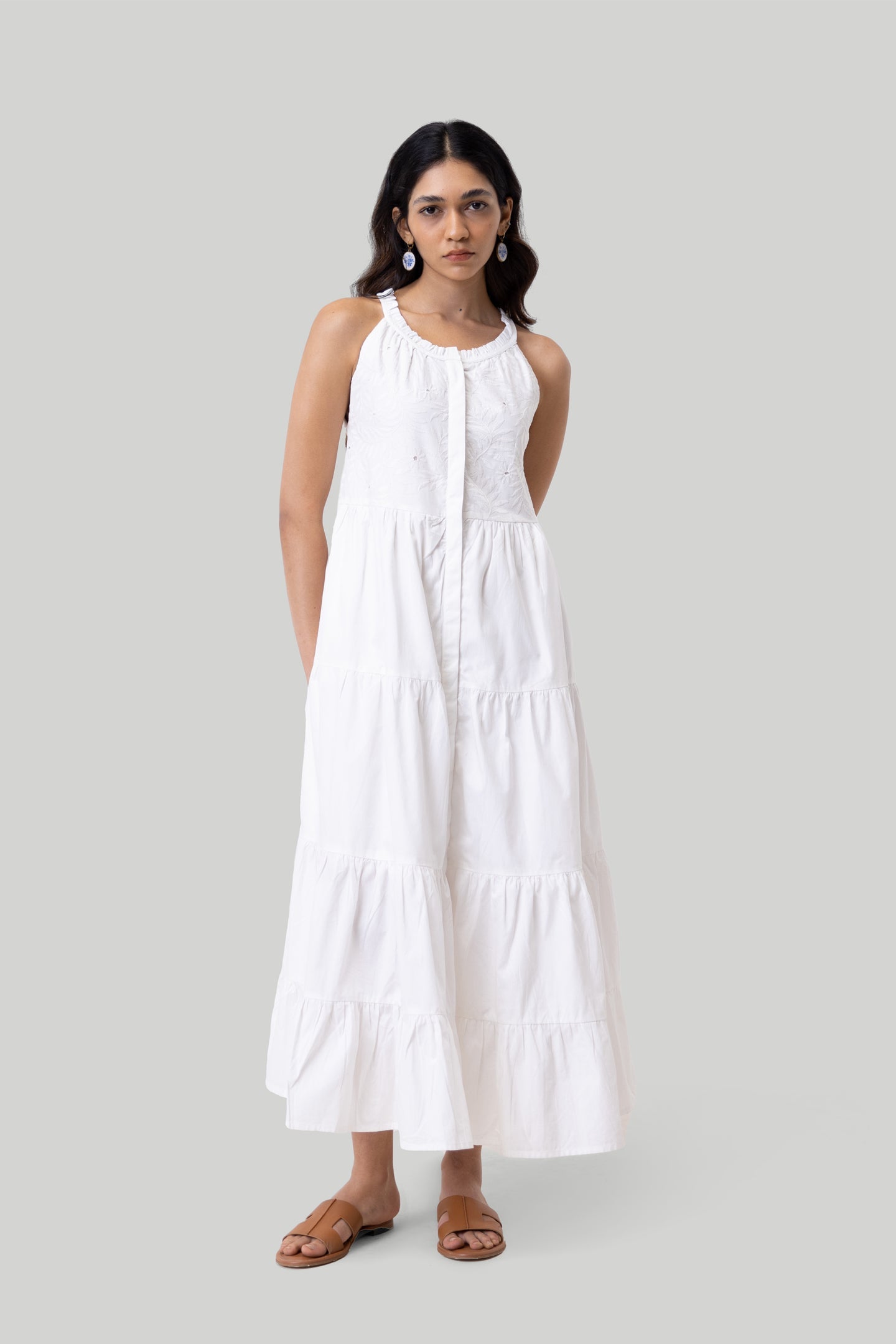 Reistor Sleeveless embroidered tiered maxi dress