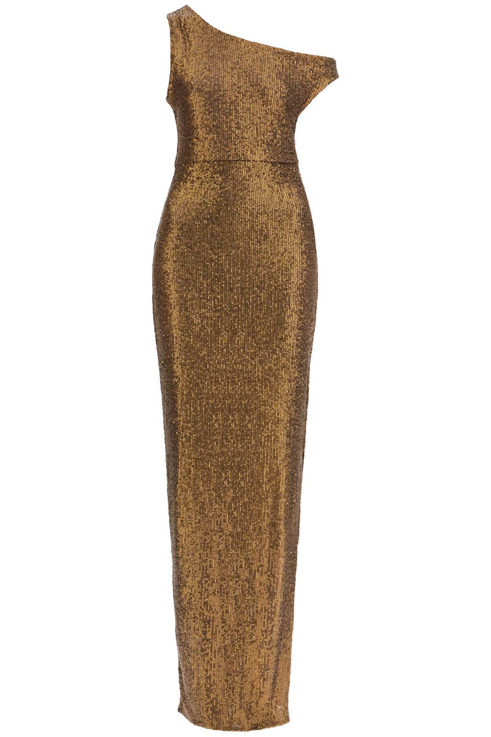 Norma Kamali Long One-Shoulder Dress with Shimmering Bronze Slit