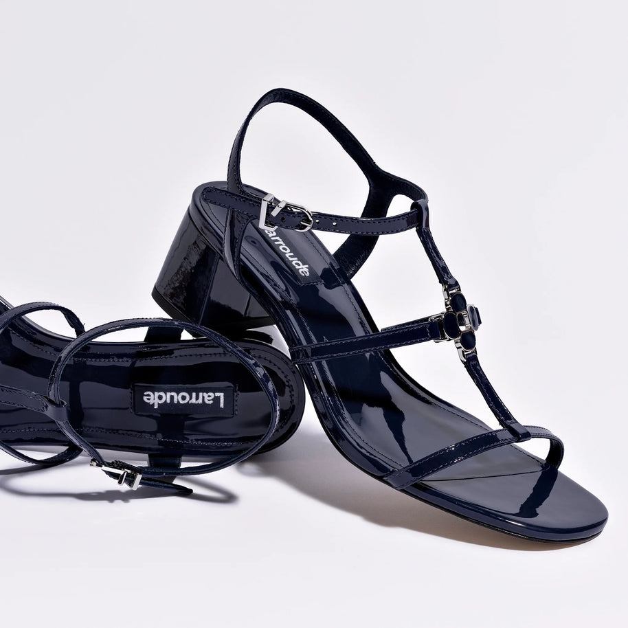 Larroude Hana Block In Navy Patent Leather