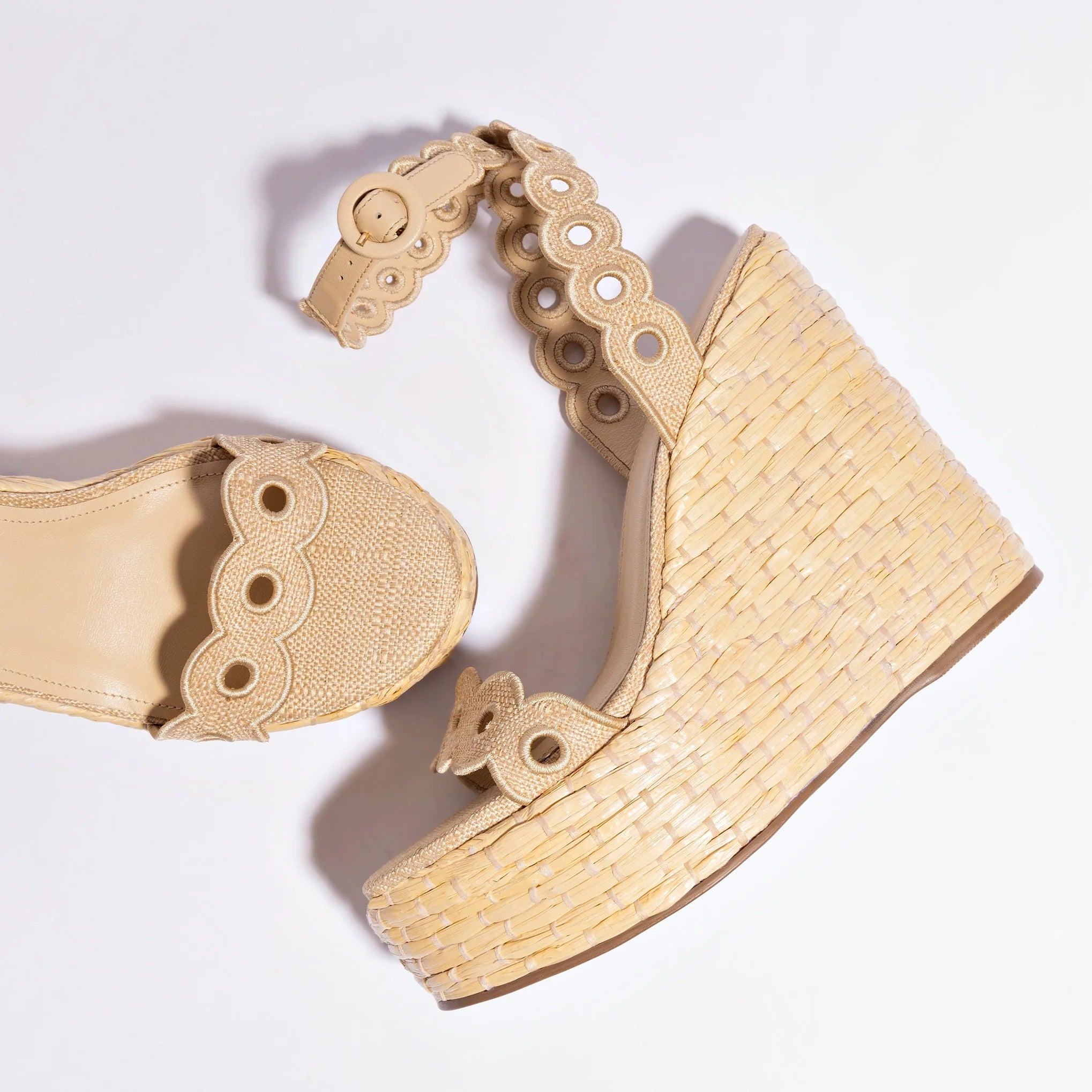 Larroude Florence Broderie Wedge In Beige Raffia