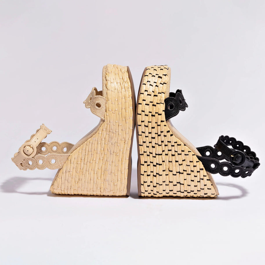 Larroude Florence Broderie Wedge In Beige Raffia