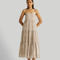 Reistor Strappy Tiered Maxi Dress in Beige Stripes