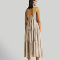 Reistor Strappy Tiered Maxi Dress in Beige Stripes