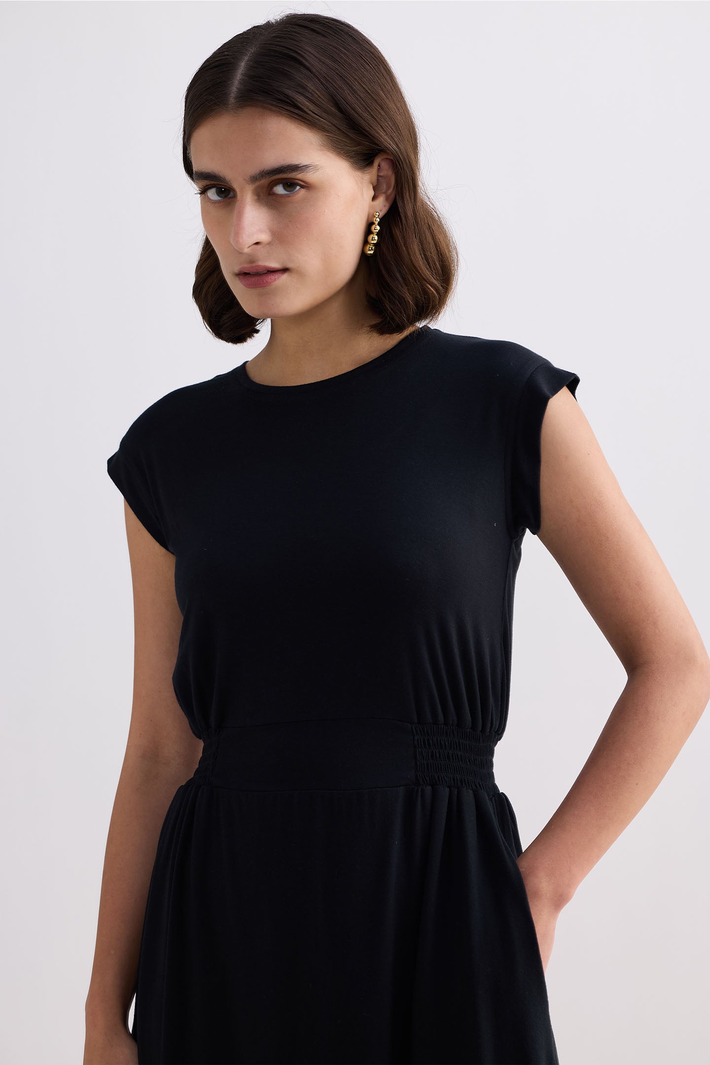 Reistor Short Dress With Smocking Side Detail in Black