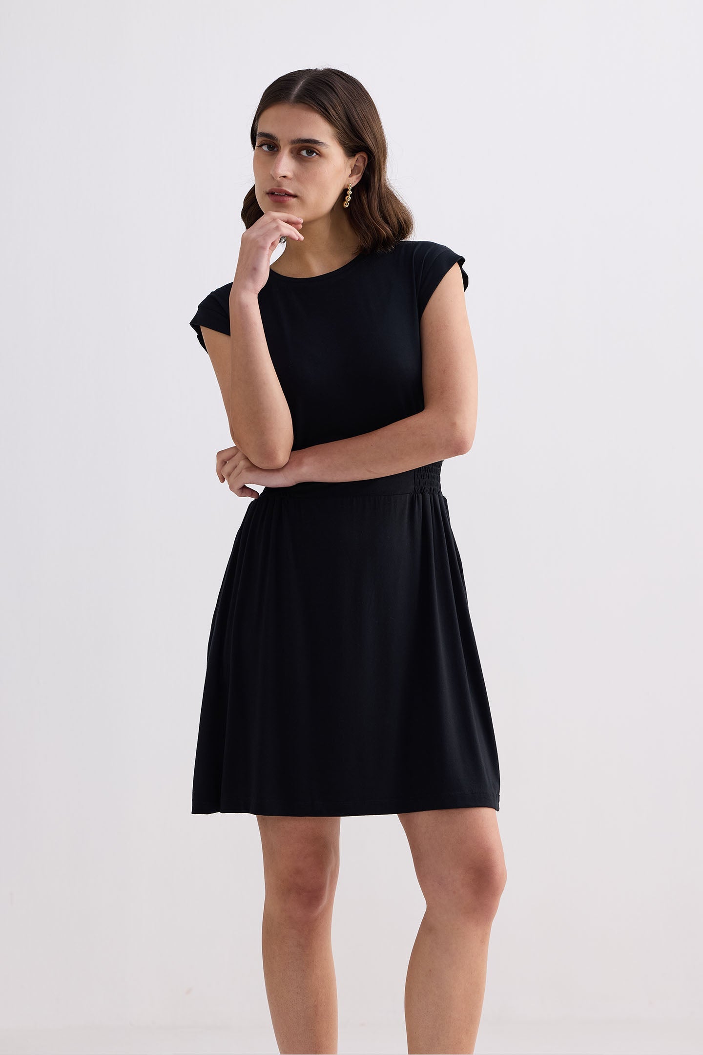 Reistor Short Dress With Smocking Side Detail in Black