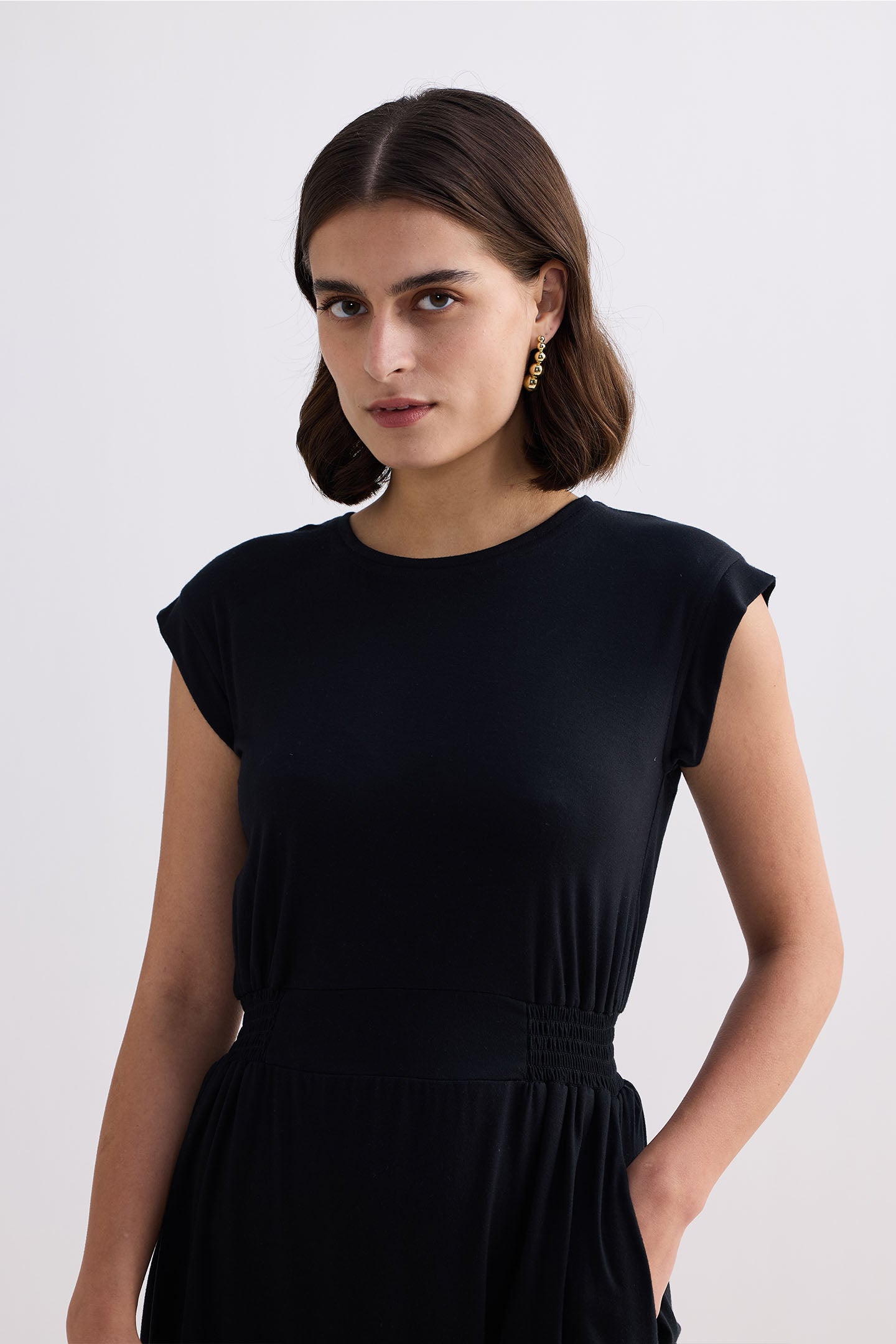 Reistor Short Dress With Smocking Side Detail in Black