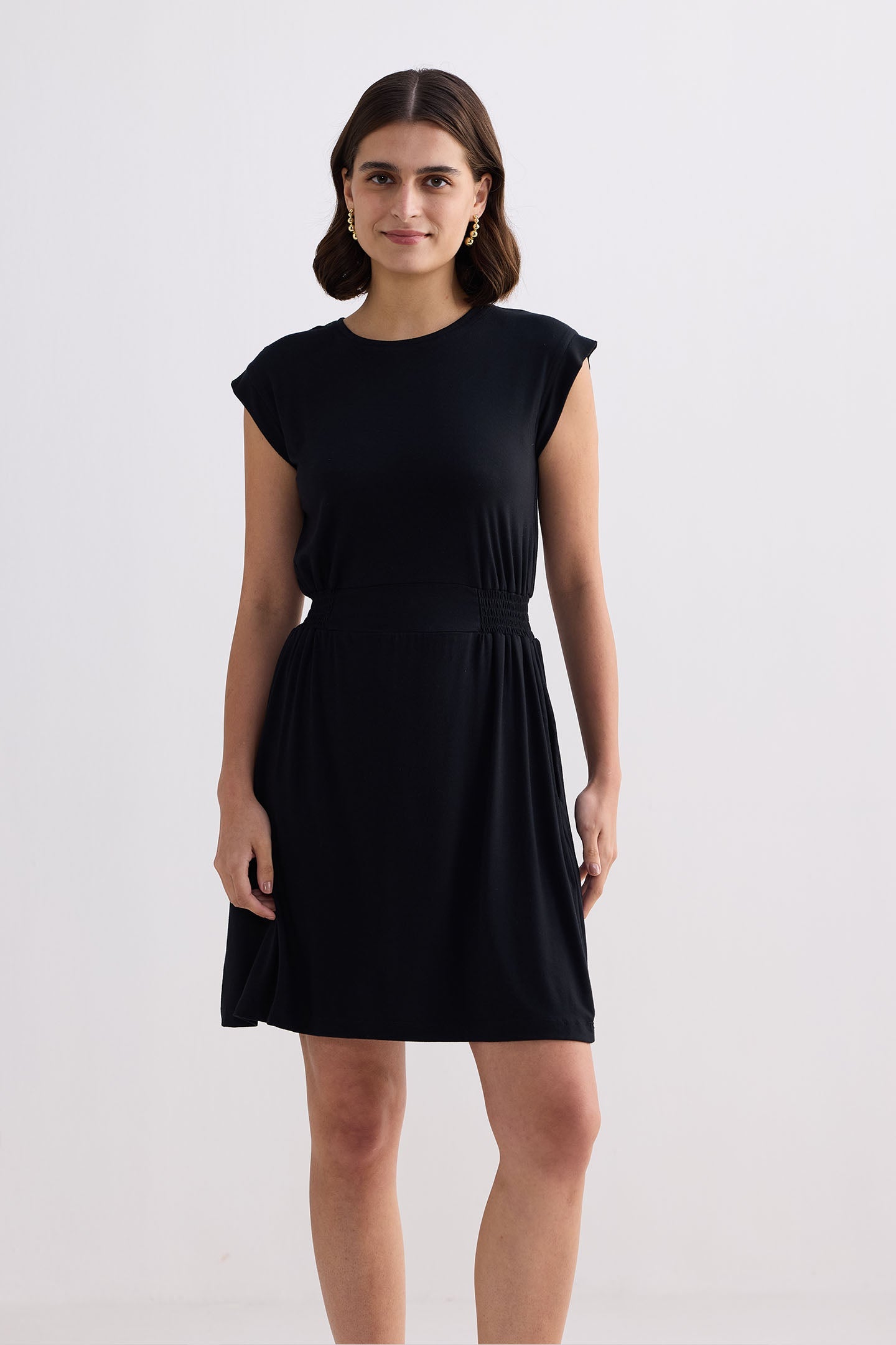 Reistor Short Dress With Smocking Side Detail in Black