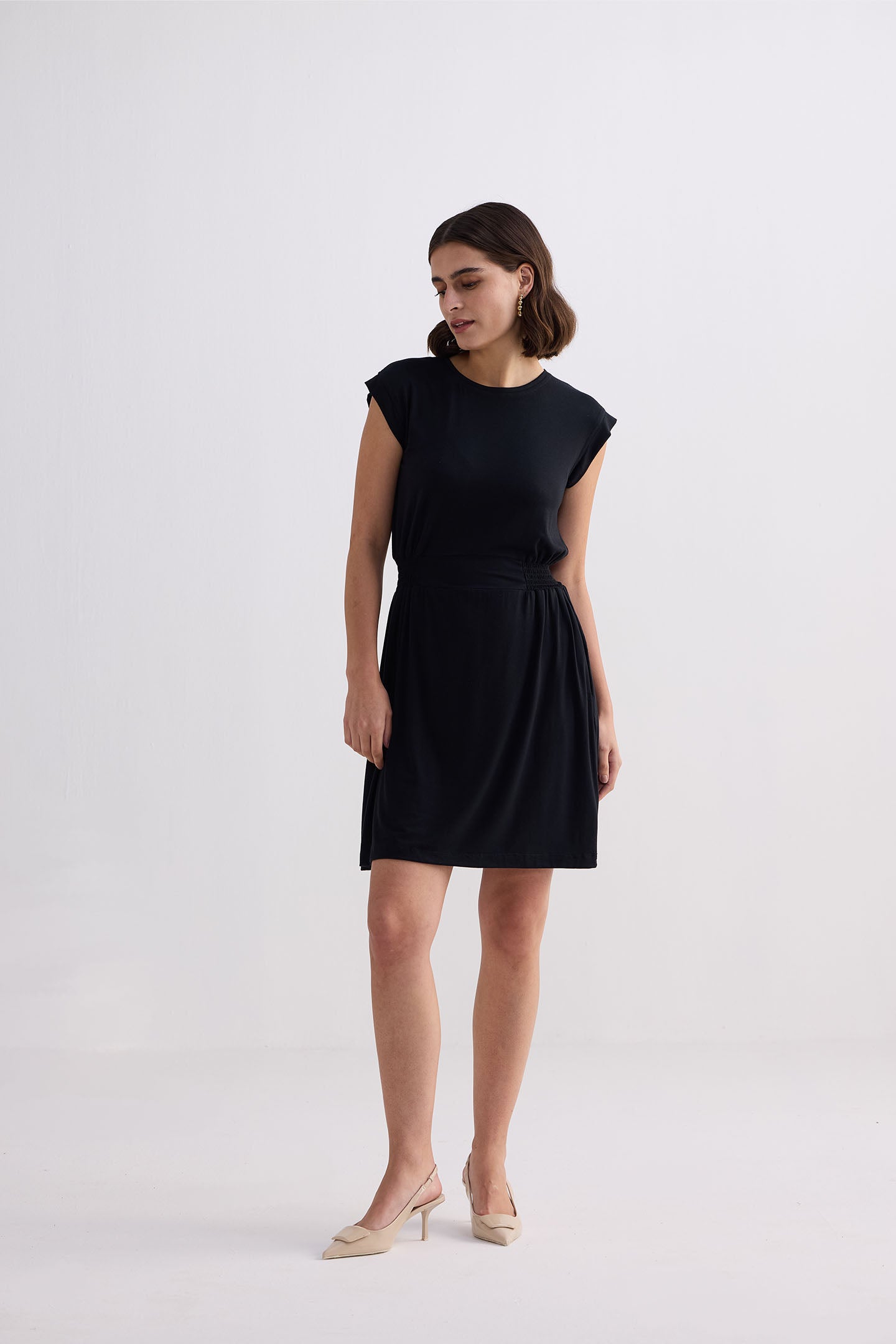 Reistor Short Dress With Smocking Side Detail in Black
