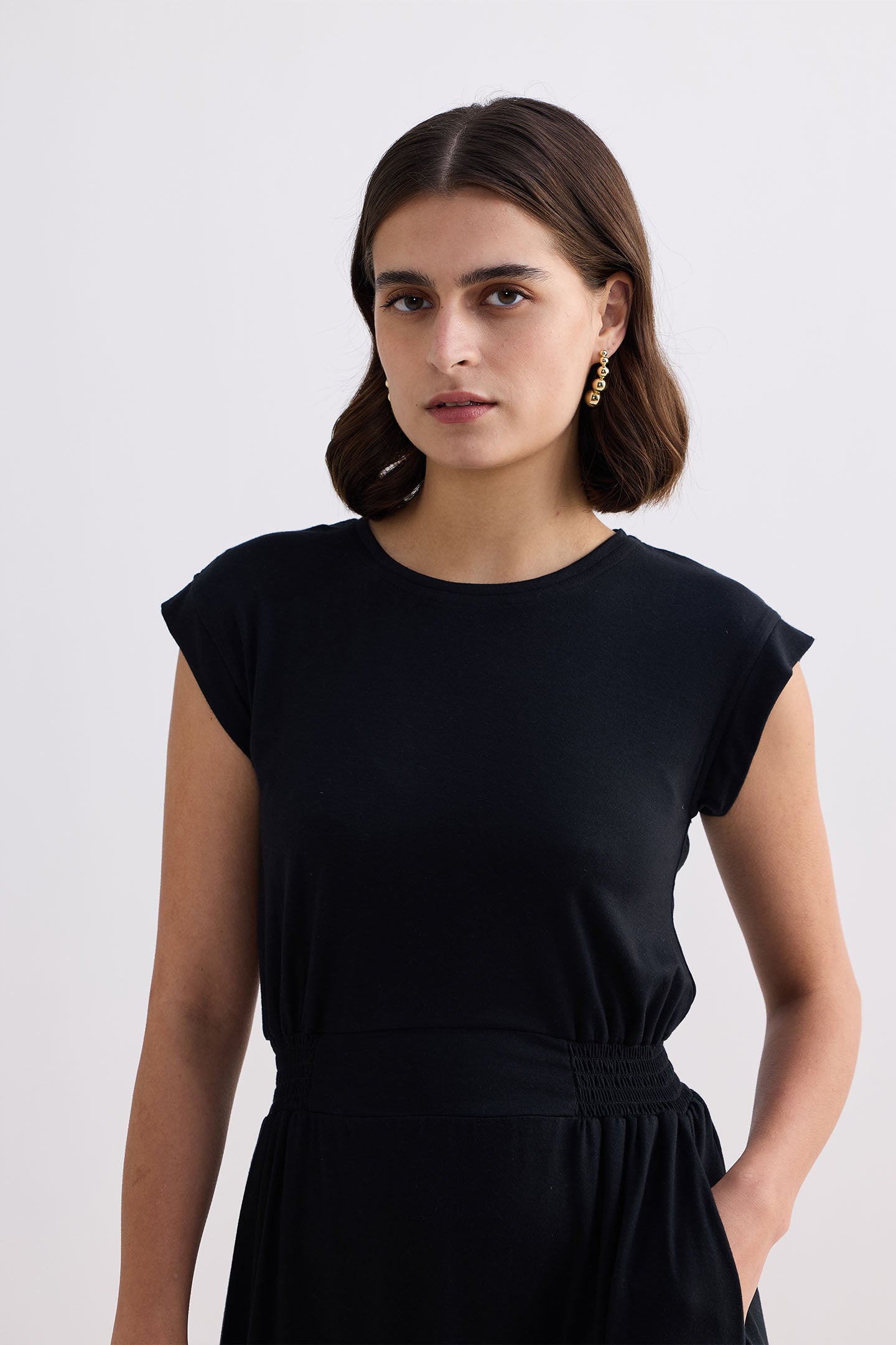 Reistor Short Dress With Smocking Side Detail in Black
