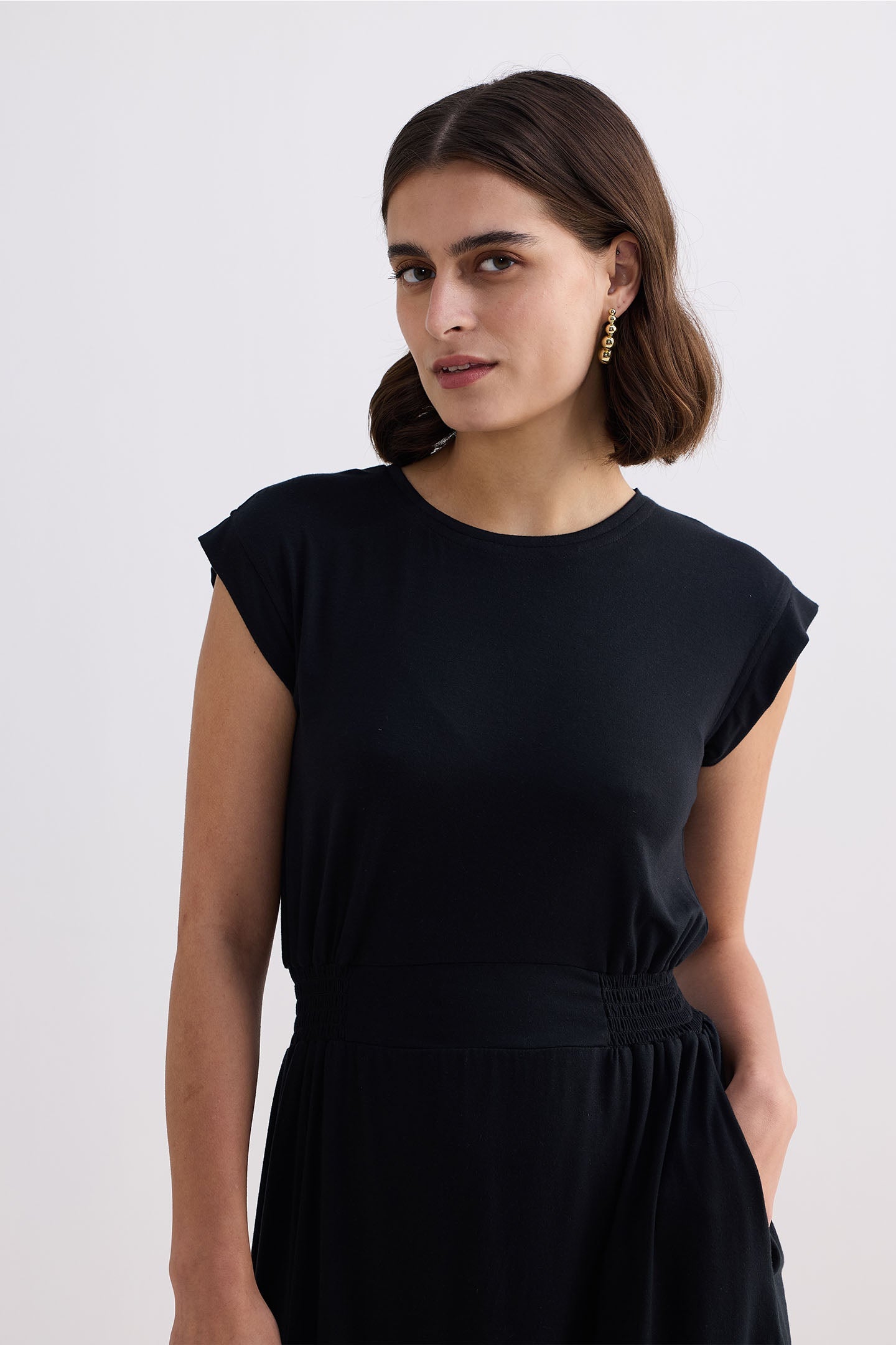 Reistor Short Dress With Smocking Side Detail in Black