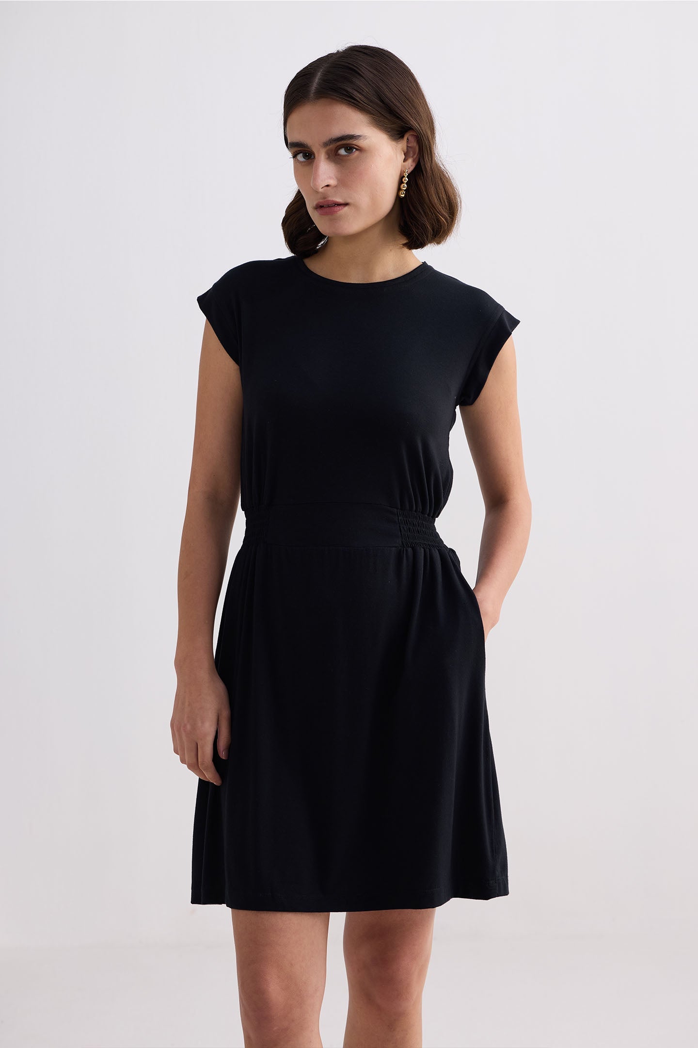 Reistor Short Dress With Smocking Side Detail in Black