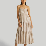 Reistor Strappy Tiered Maxi Dress in Beige Stripes