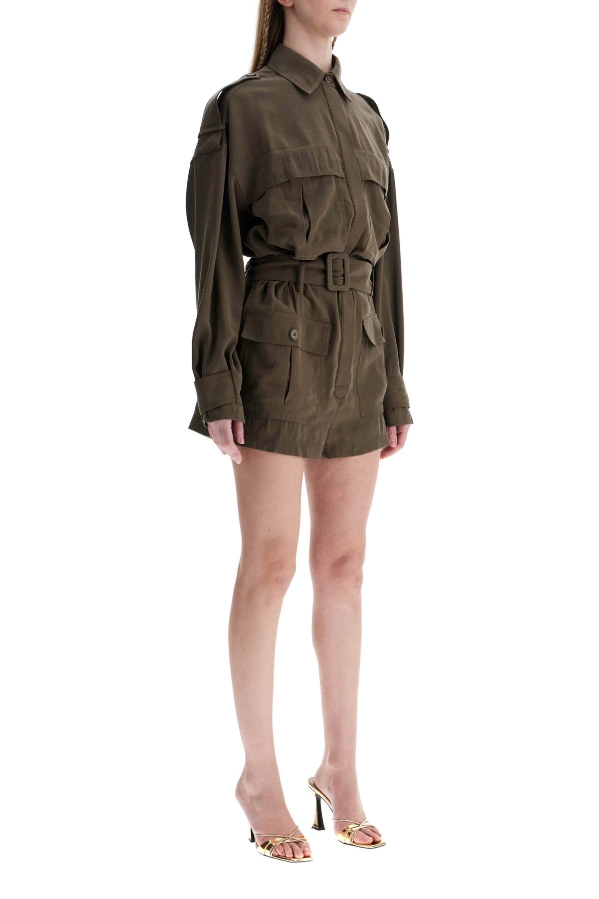 THE ANDAMANE Khaki Viscose Short Jumpsuit With Adjustable Waist