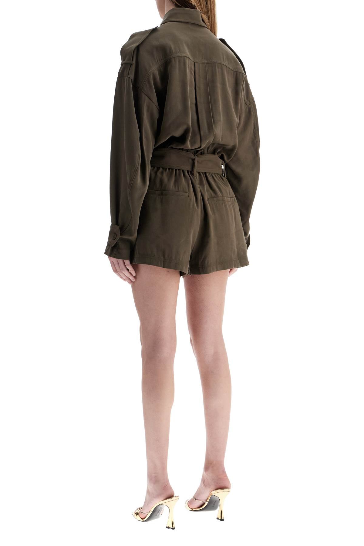 THE ANDAMANE Khaki Viscose Short Jumpsuit With Adjustable Waist