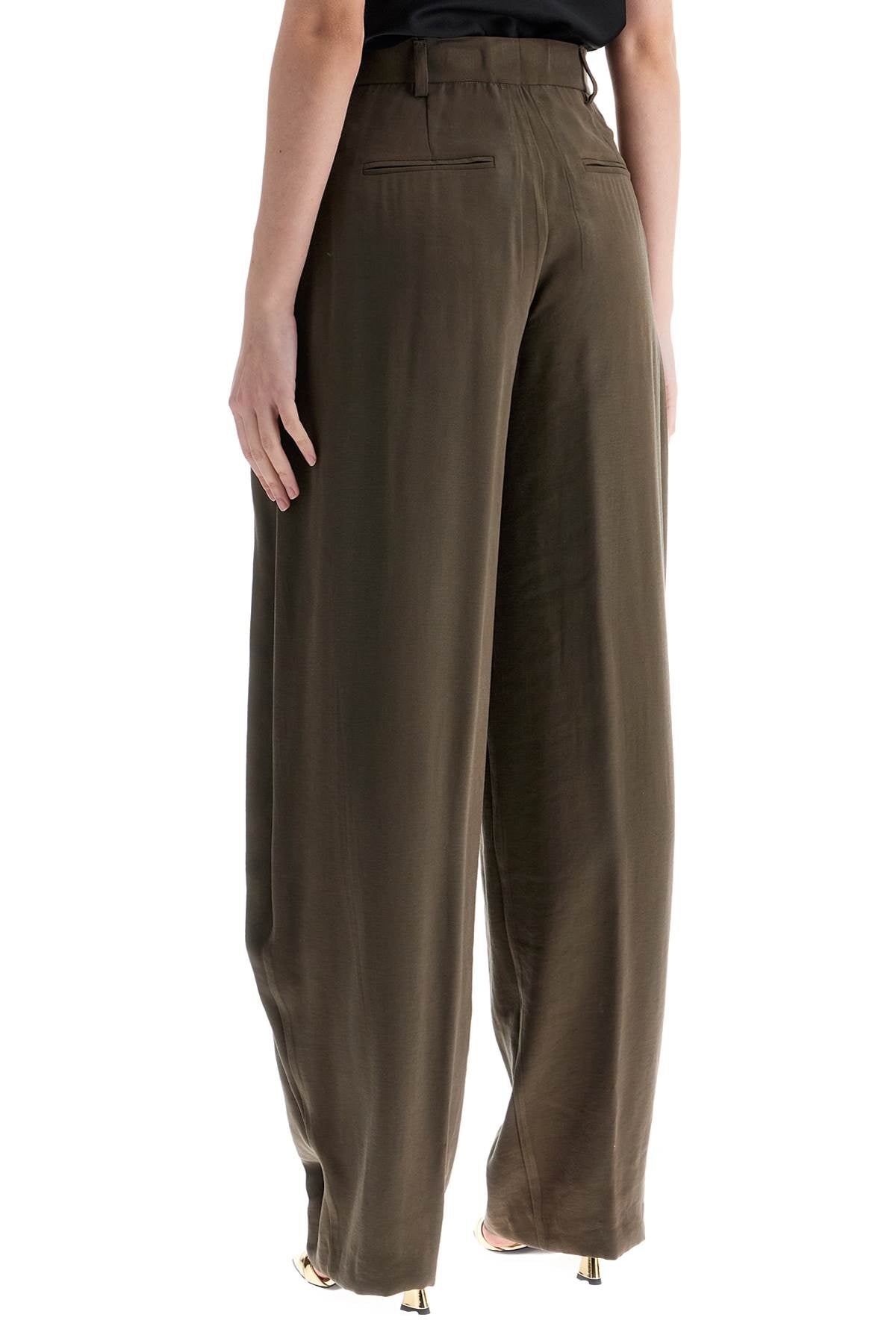 THE ANDAMANE Khaki Wide Leg Viscose Trousers With Front Pleats