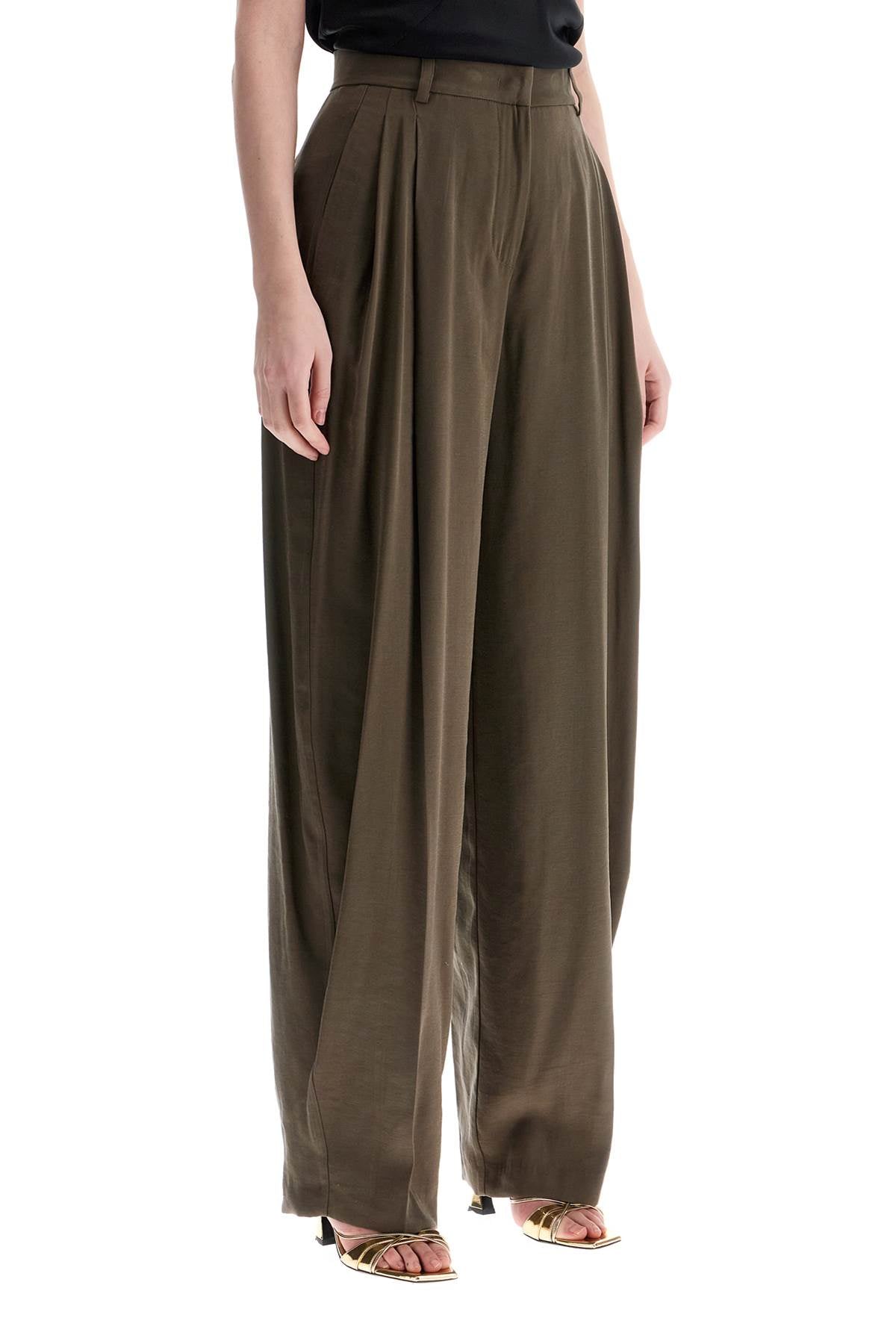 THE ANDAMANE Khaki Wide Leg Viscose Trousers With Front Pleats