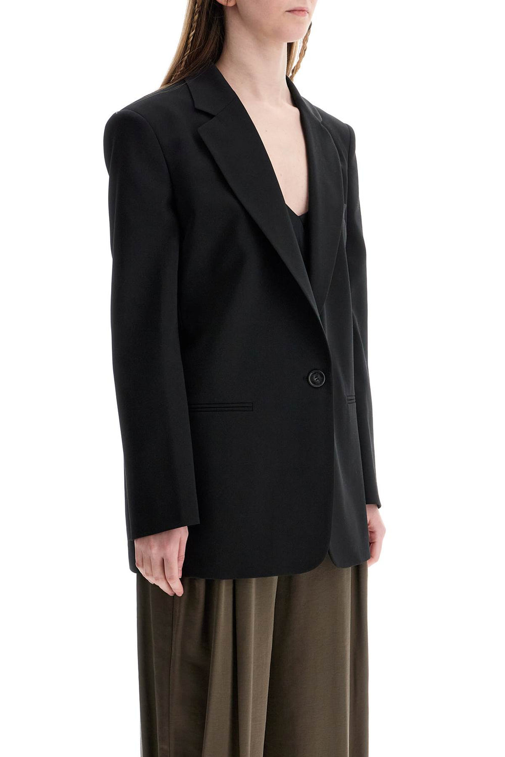 THE ANDAMANE Oversized Single Breasted Blazer In Black Polyester and Wool