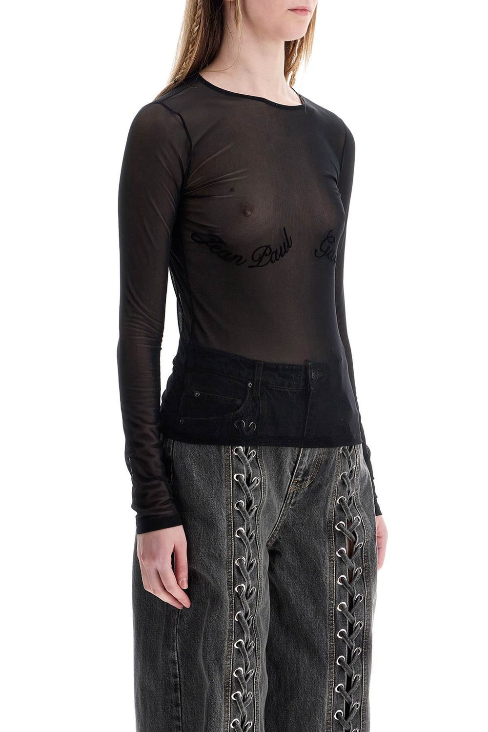 JEAN PAUL GAULTIER Top In Black Logo Mesh Velvet