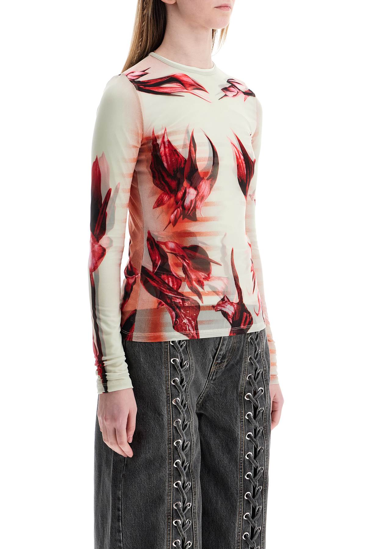 JEAN PAUL GAULTIER Mint Jersey Top With Floral Pattern And Double Layer