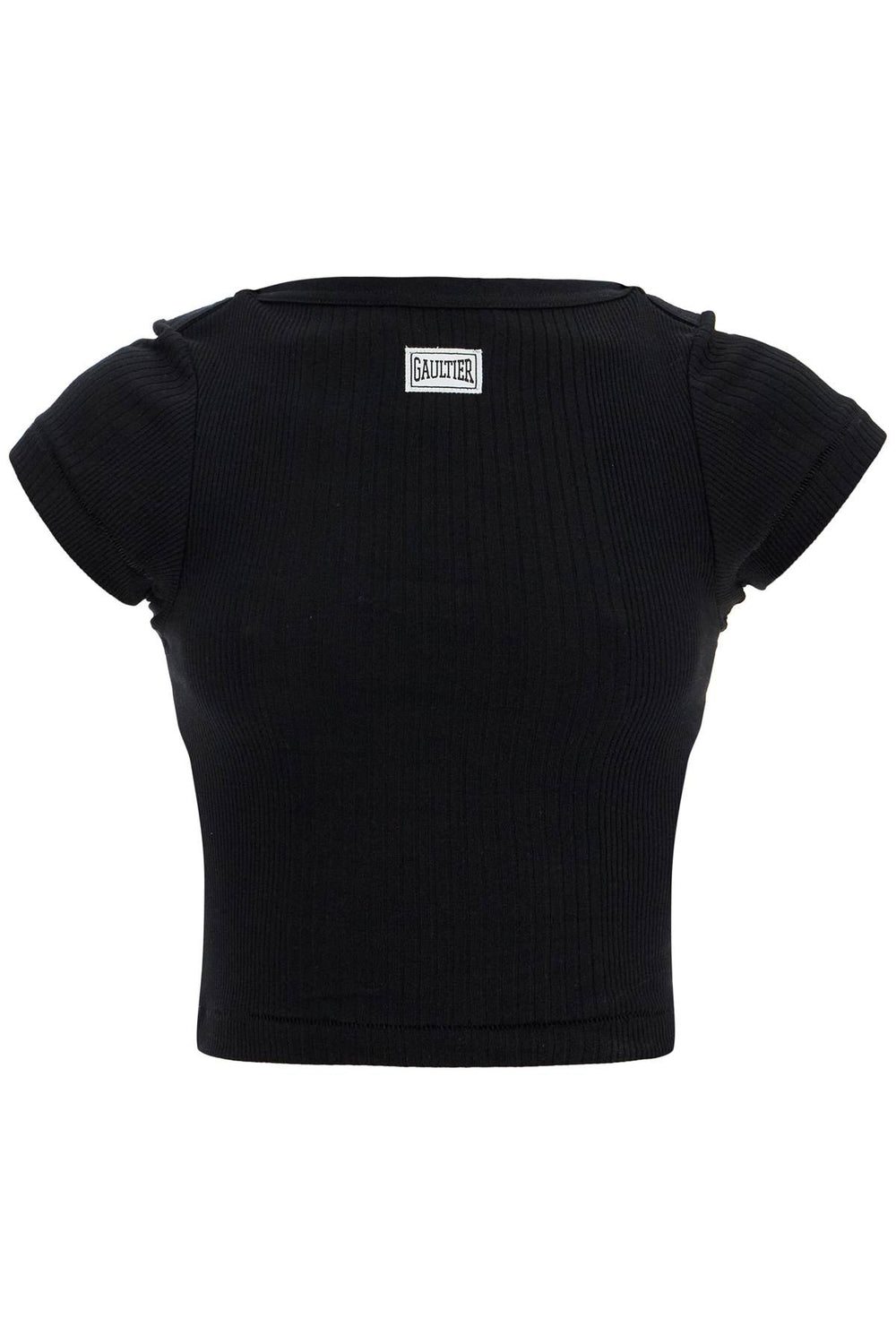 JEAN PAUL GAULTIER Black Cropped Cotton Ribbed T-shirt With Logo