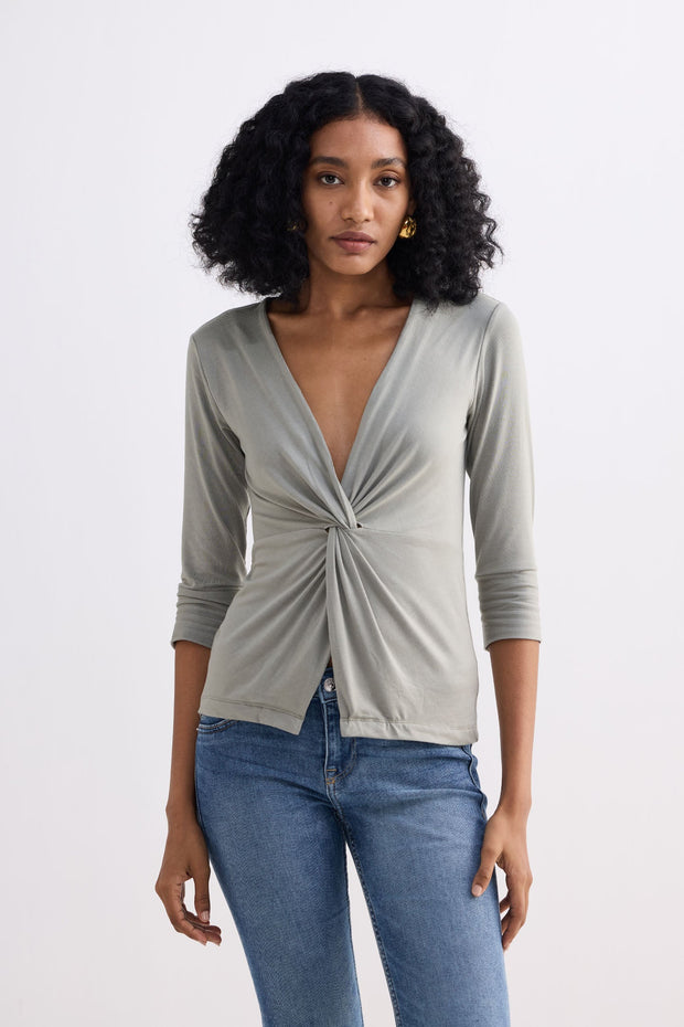 Twist Front Knit Shirt In Light Olive