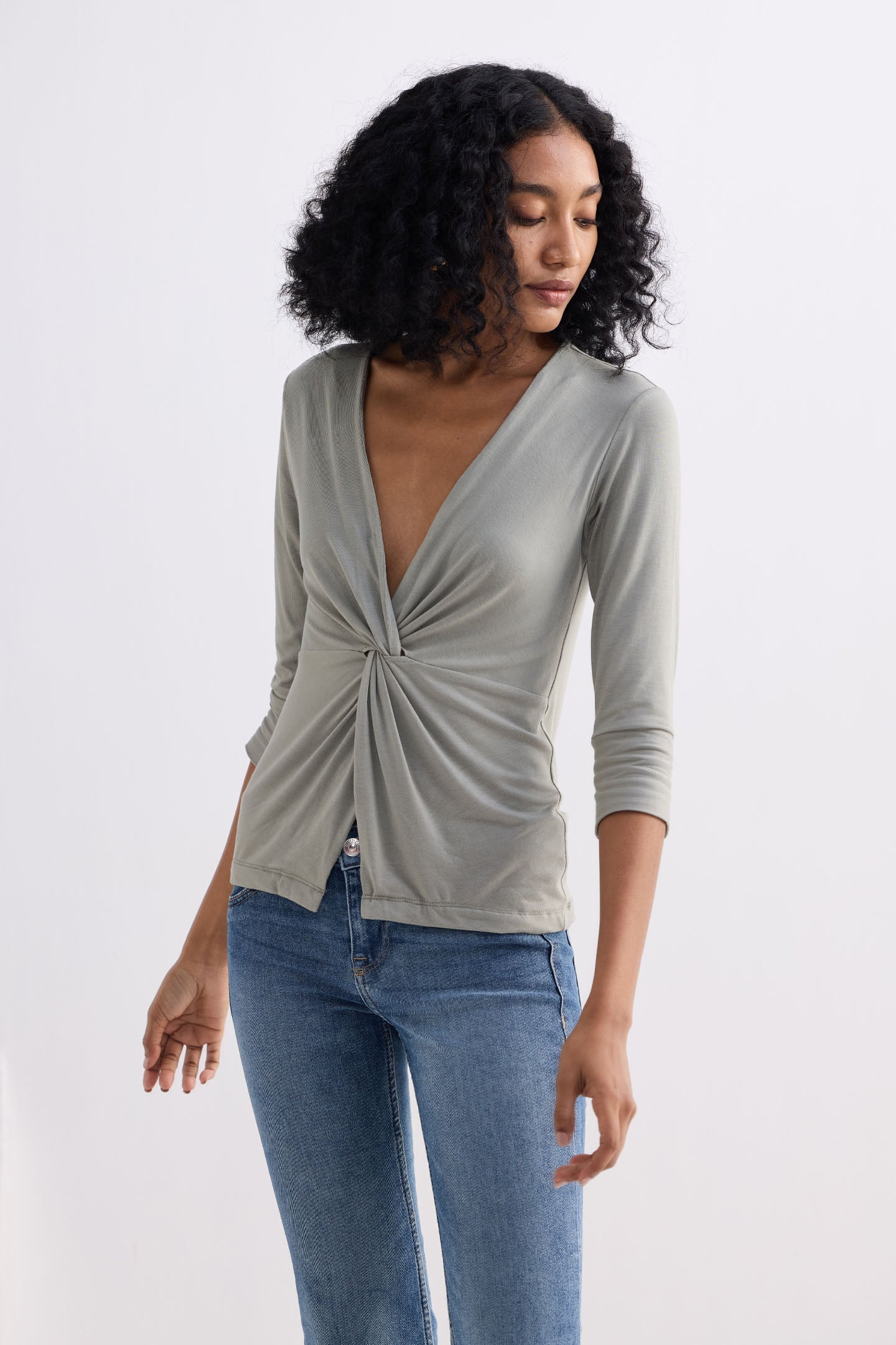 Reistor Twist Front Knit Shirt in Light Olive