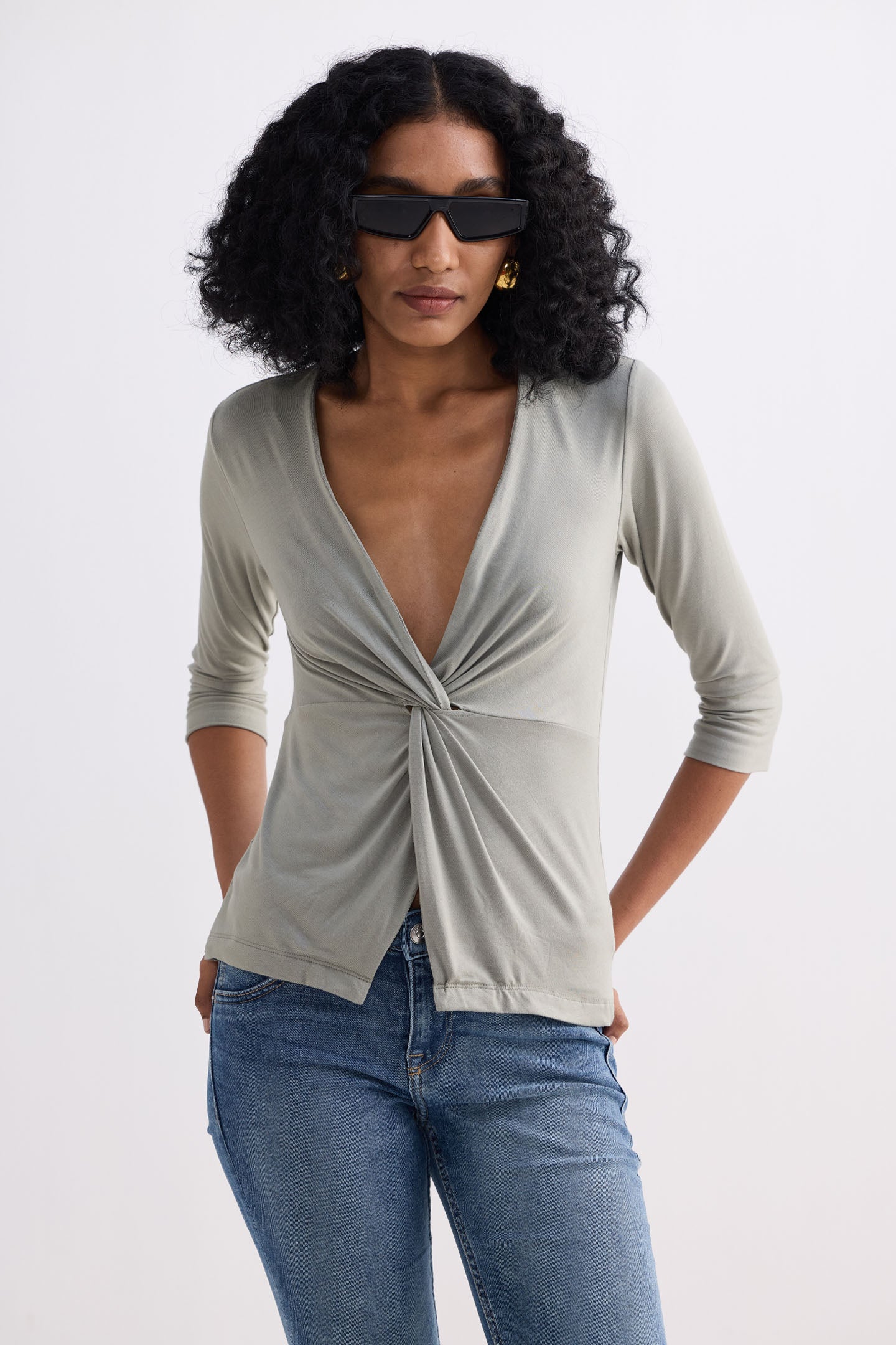 Reistor Twist Front Knit Shirt in Light Olive
