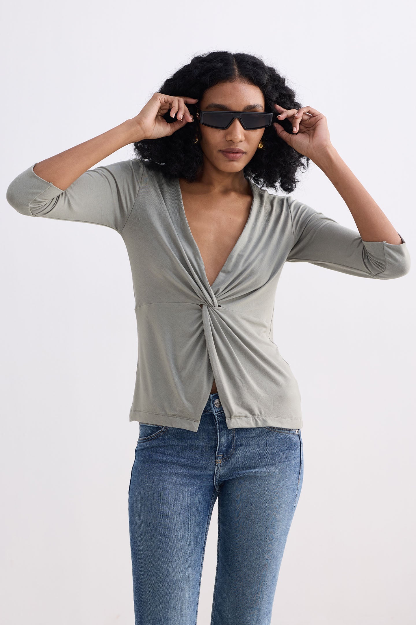 Reistor Twist Front Knit Shirt in Light Olive