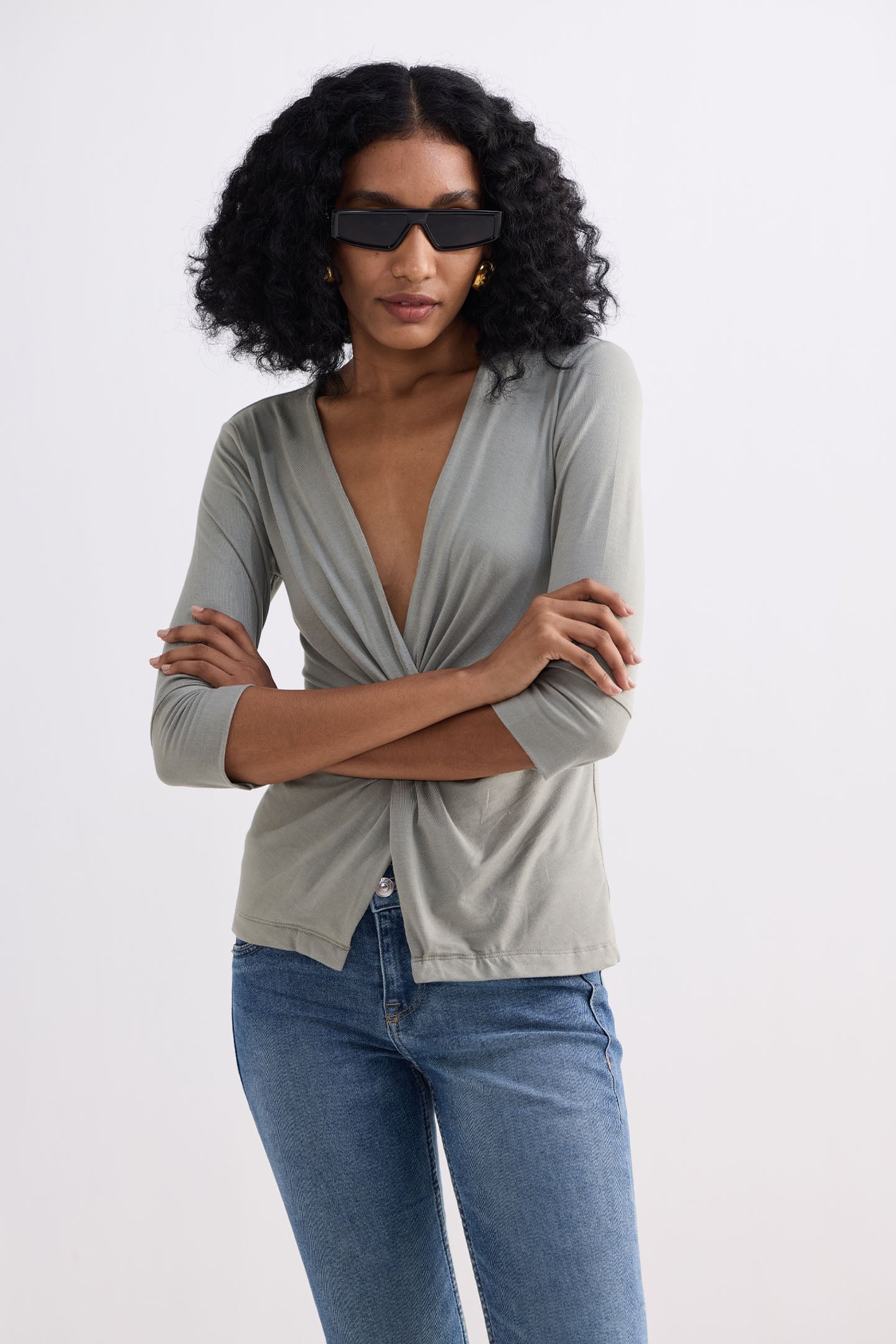 Reistor Twist Front Knit Shirt in Light Olive