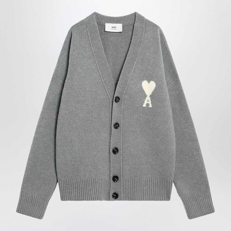 Ami Paris Light Gray Wool Cardigan Ami De Coeur