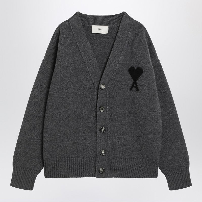 Ami Paris Ami De Coeur Heather Grey Wool Cardigan