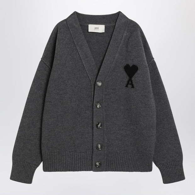 Ami Paris Ami De Coeur Heather Grey Wool Cardigan
