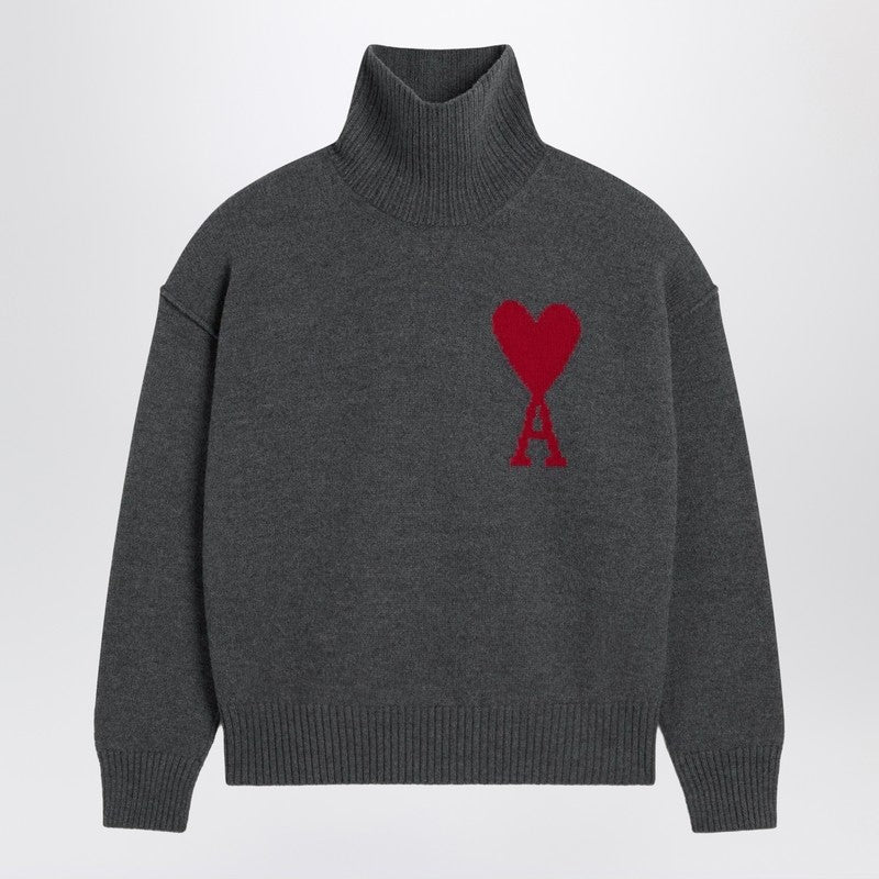 Ami Paris Turtleneck Sweater Ami De Coeur Grey