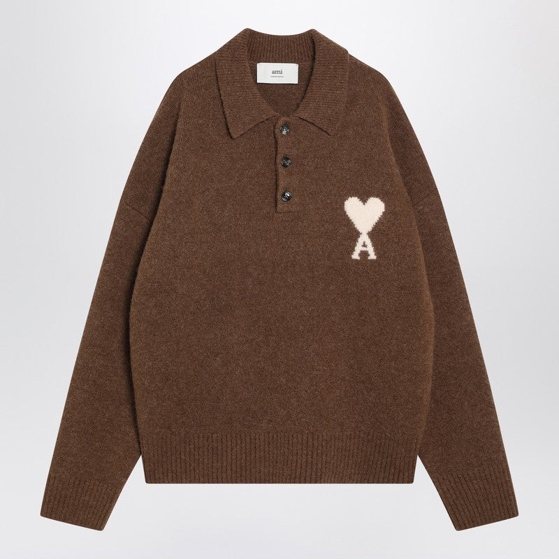 Ami Paris Ami De Coeur Polo Sweater In Hazelnut Color
