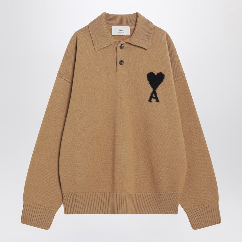 Ami Paris Camel-coloured Ami De Coeur Polo Sweater