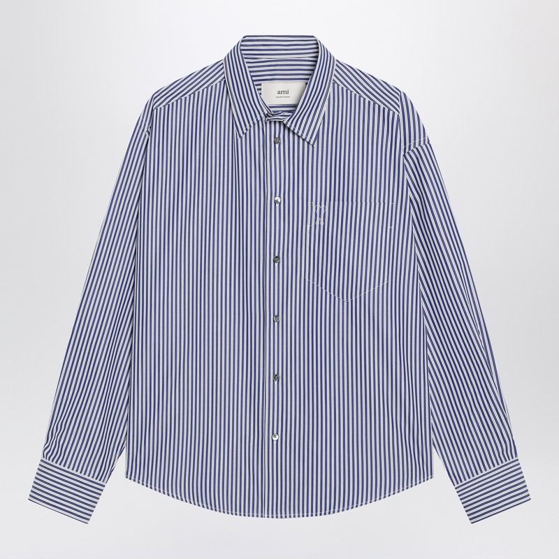 Ami Paris Ami De Coeur Striped Shirt In White And Blue