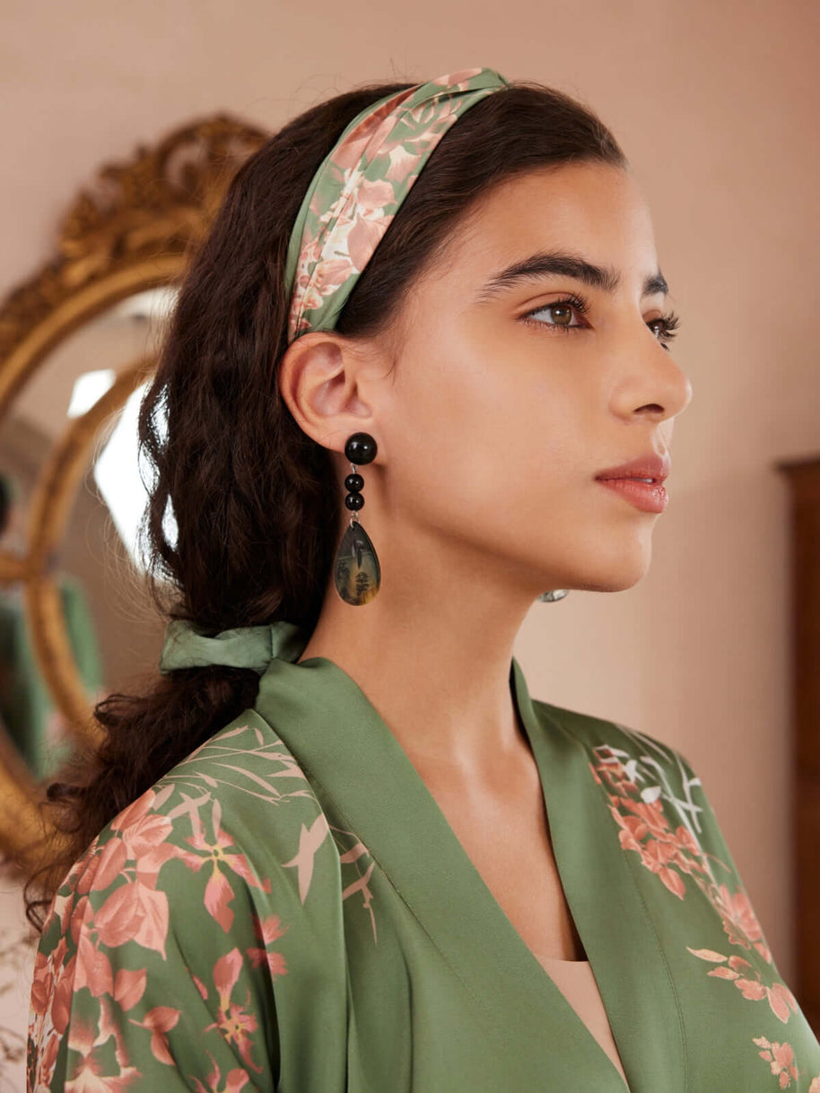 Ulivary Green Charmeuse Floral Painting Square Scarf