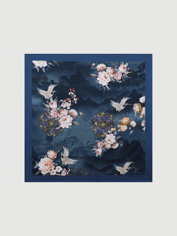 Ulivary Garden Crane Charmeuse Floral Square Scarf