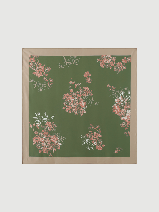 Ulivary Green Charmeuse Floral Painting Square Scarf