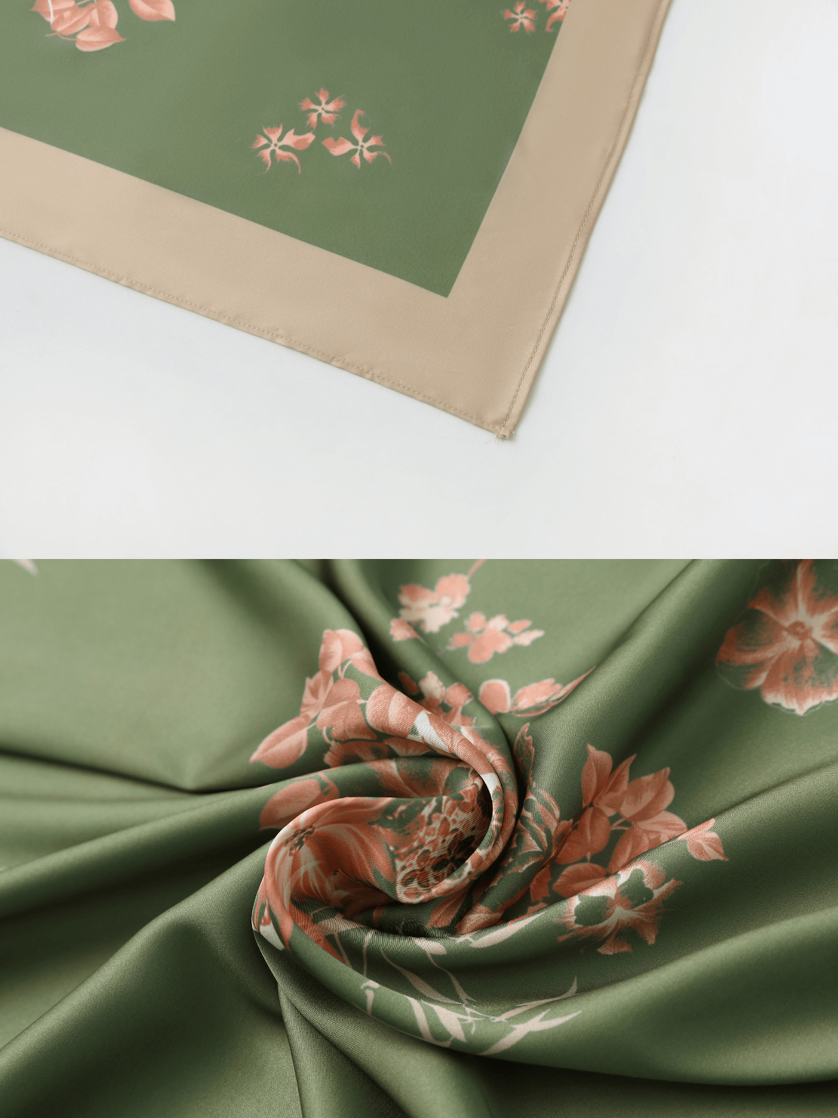 Ulivary Green Charmeuse Floral Painting Square Scarf