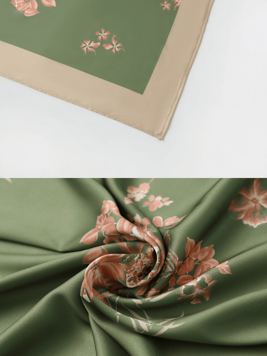 Ulivary Green Charmeuse Floral Painting Square Scarf