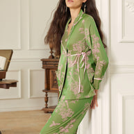 Ulivary Elegant Pink Green Oriental Pajama Set With Asymmetrical Collar
