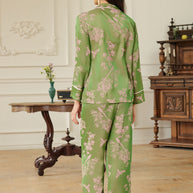 Ulivary Elegant Pink Green Oriental Pajama Set With Asymmetrical Collar