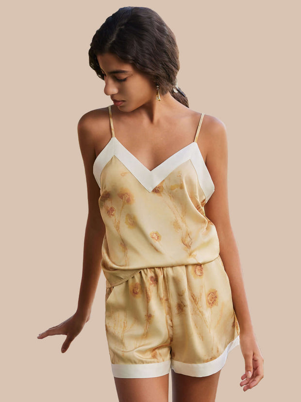 Ulivary Floral Gold Camisole and Shorts Pajama Set with Pockets