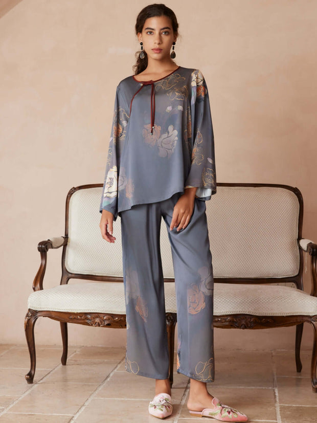 Ulivary Asian Vintage Floral Peony Pajama Set 2Pcs