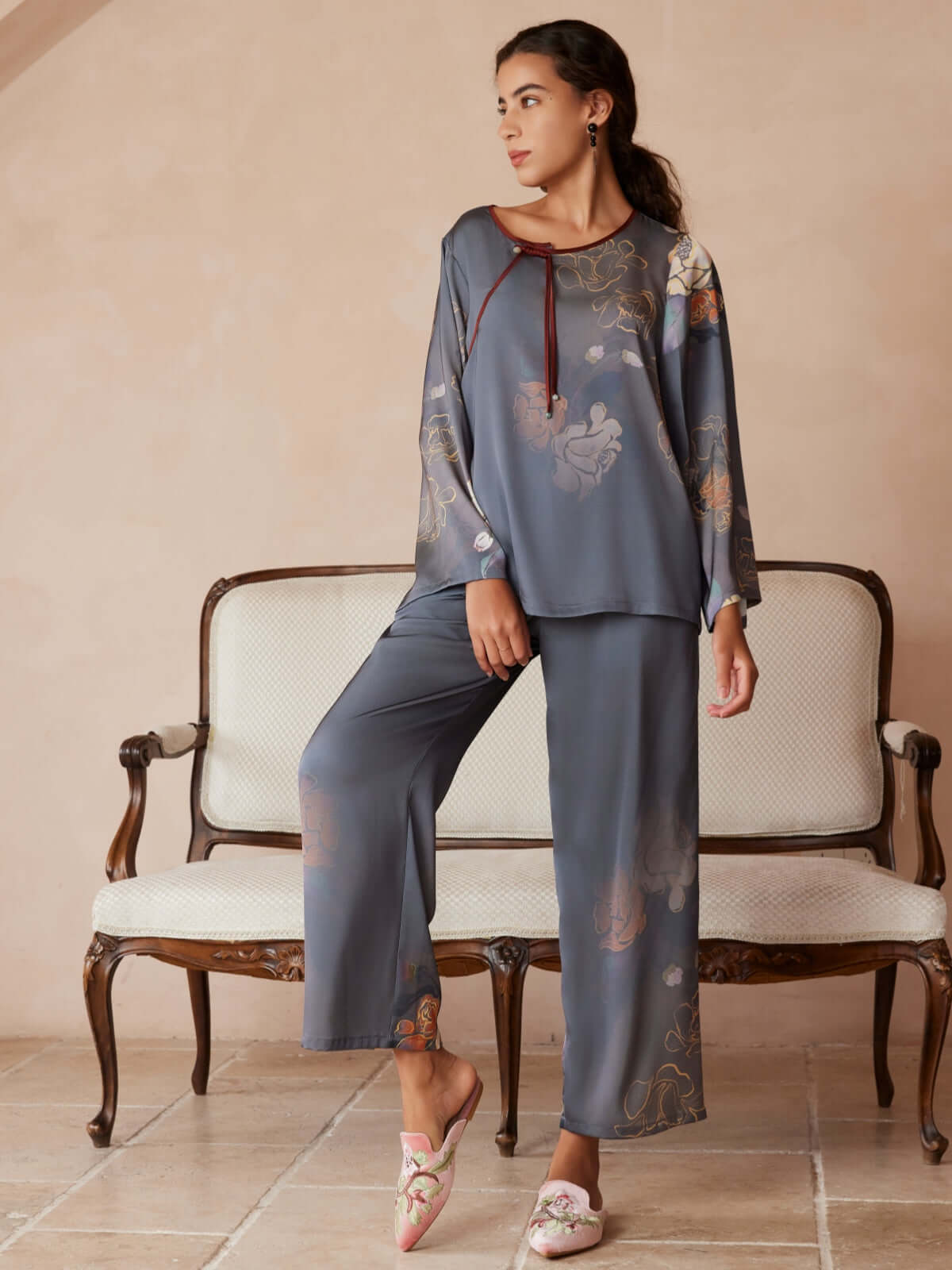 Ulivary Asian Vintage Floral Peony Pajama Set 2Pcs